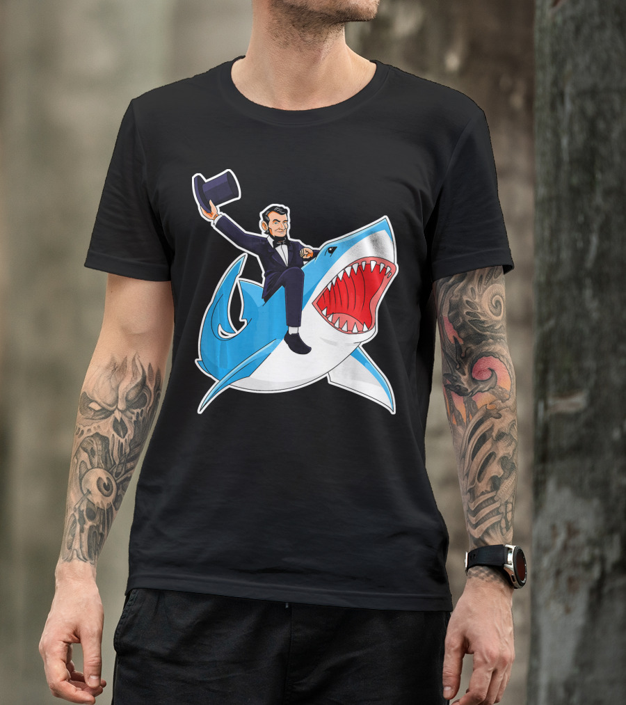 Abraham Lincoln Riding A Shark Waving Top Hat Adventure T-Shirt