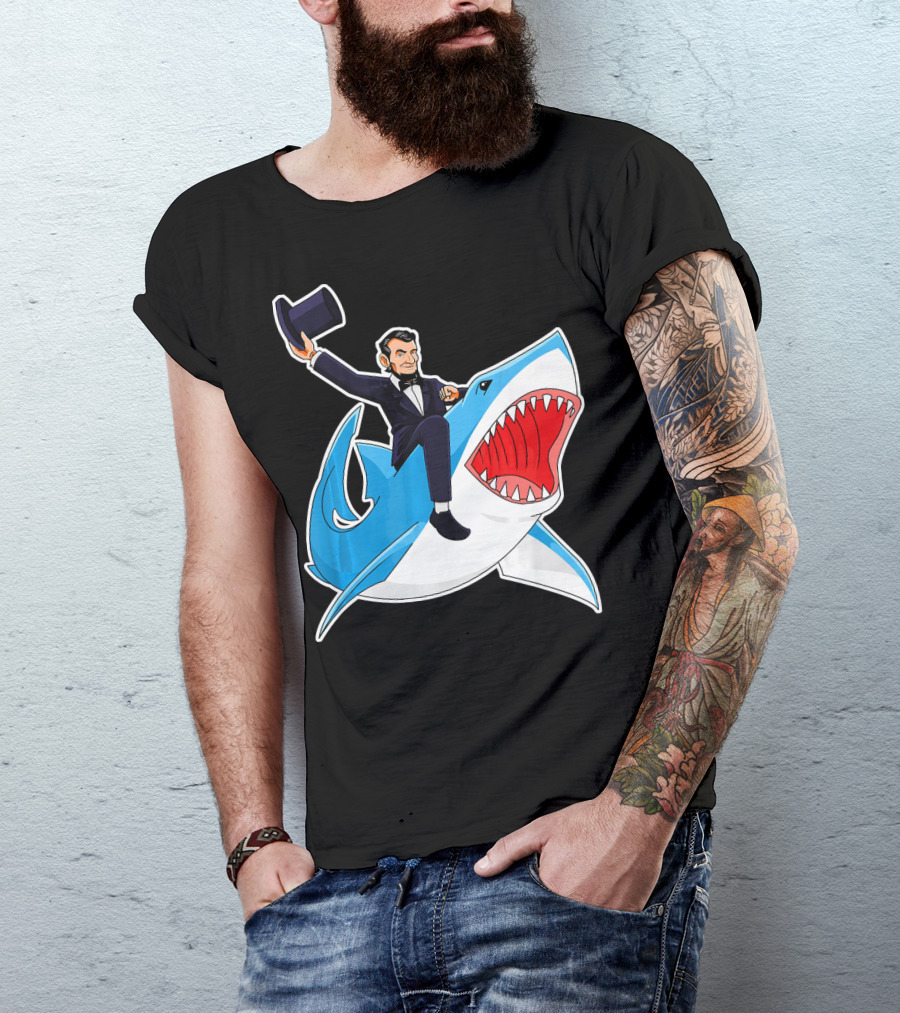 Abraham Lincoln Riding A Shark Waving Top Hat Adventure T-Shirt