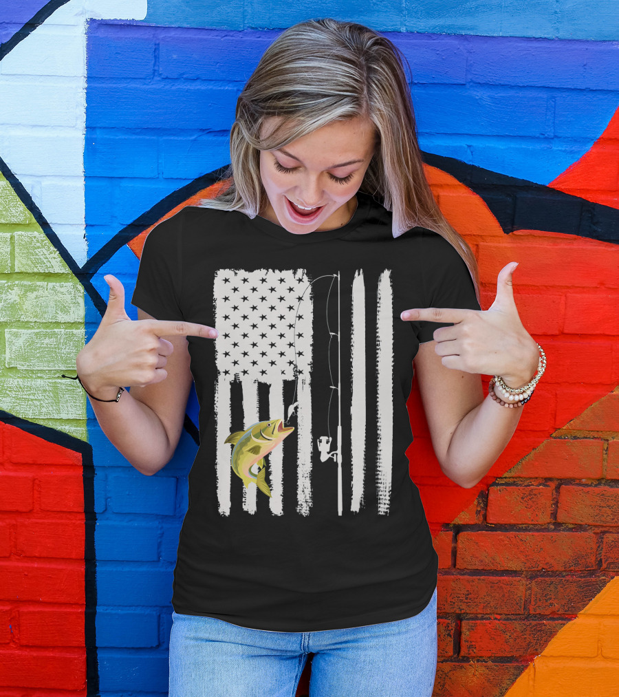 American Flag Fishing Pole With Fish USA Patriotic T-Shirt
