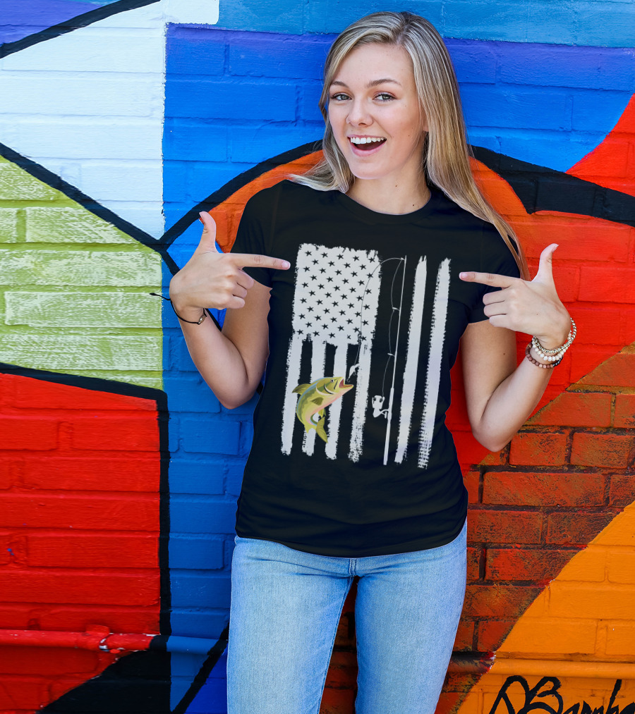 American Flag Fishing Pole With Fish USA Patriotic T-Shirt