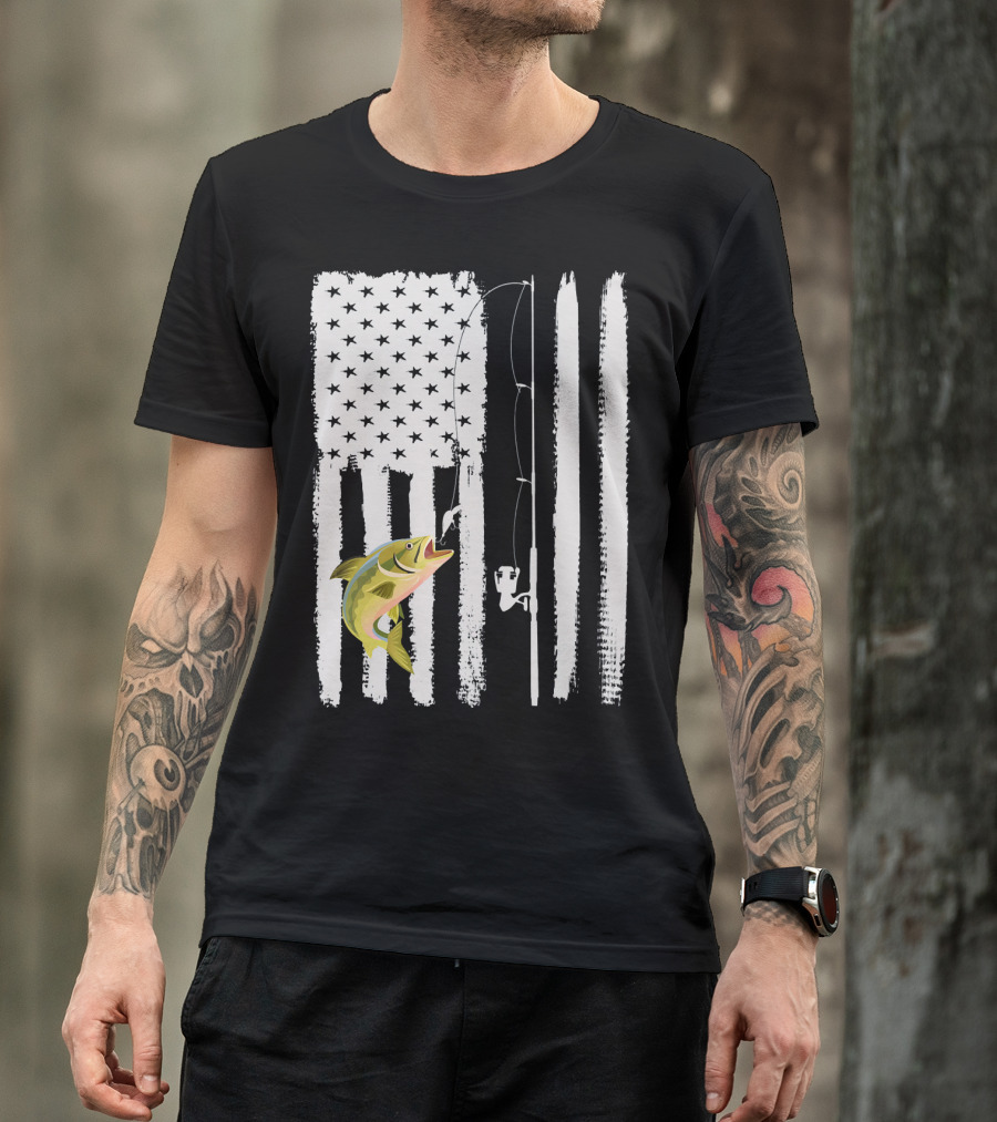 American Flag Fishing Pole With Fish USA Patriotic T-Shirt