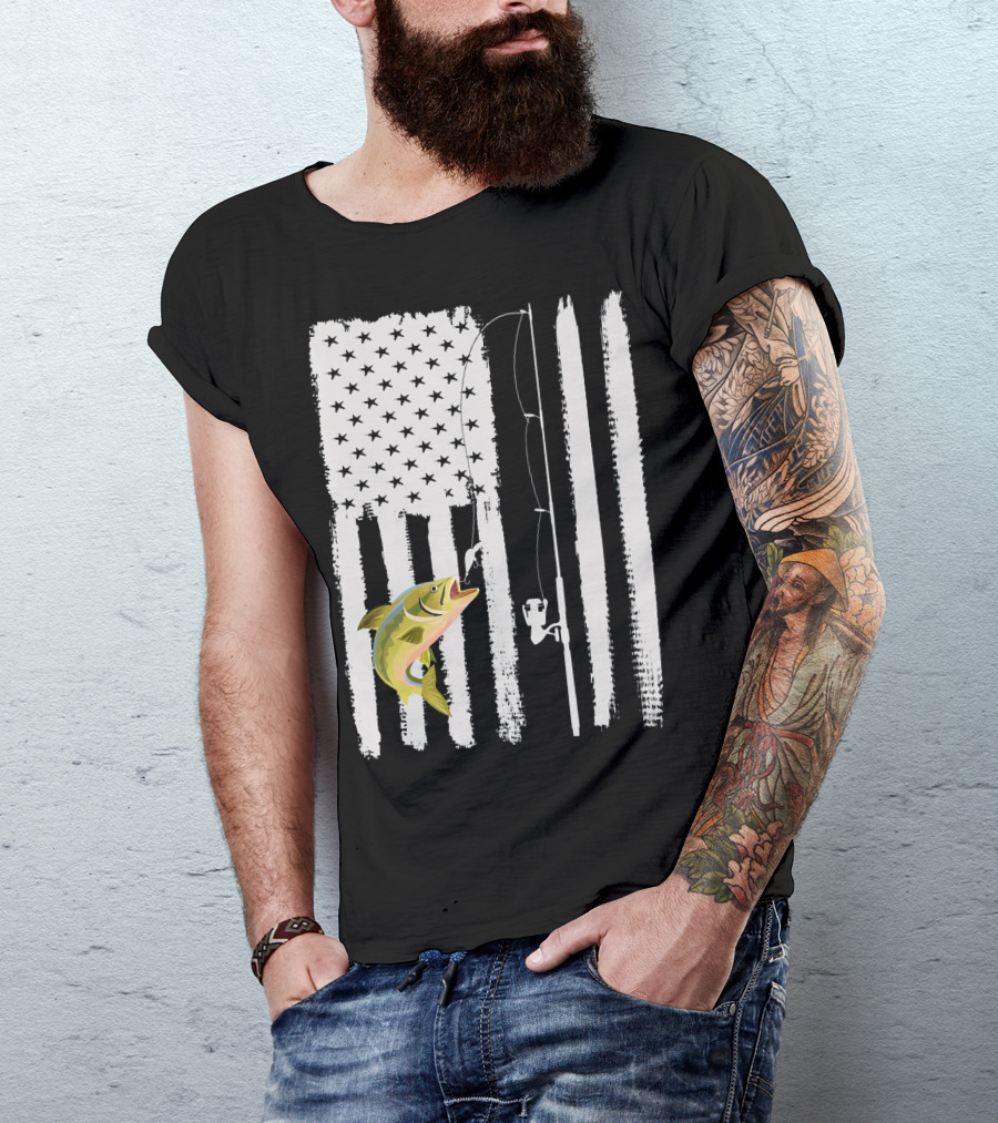 American Flag Fishing Pole With Fish USA Patriotic T-Shirt