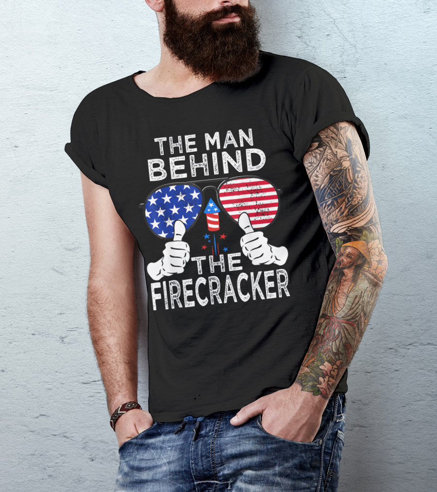 The Man Behind The Firecracker Patriotic Sunglasses Stars Stripes T-Shirt