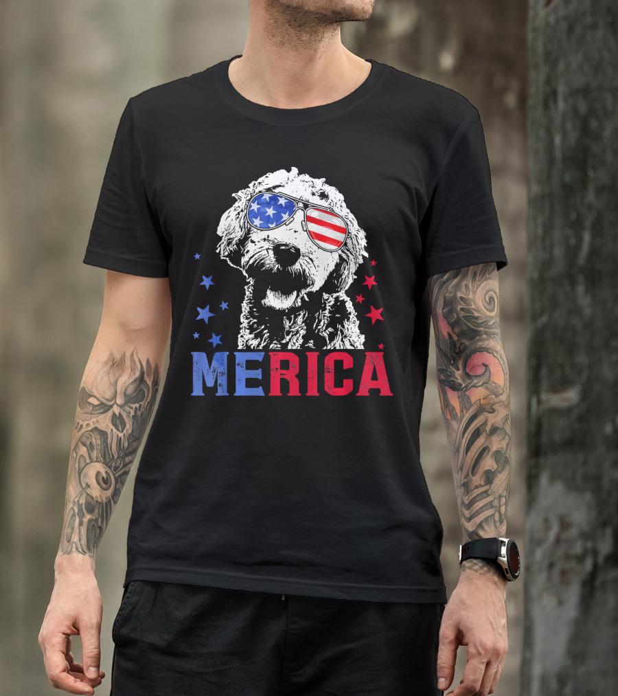Merica Goldendoodle USA Flag Sunglasses Patriotic Stars T-Shirt