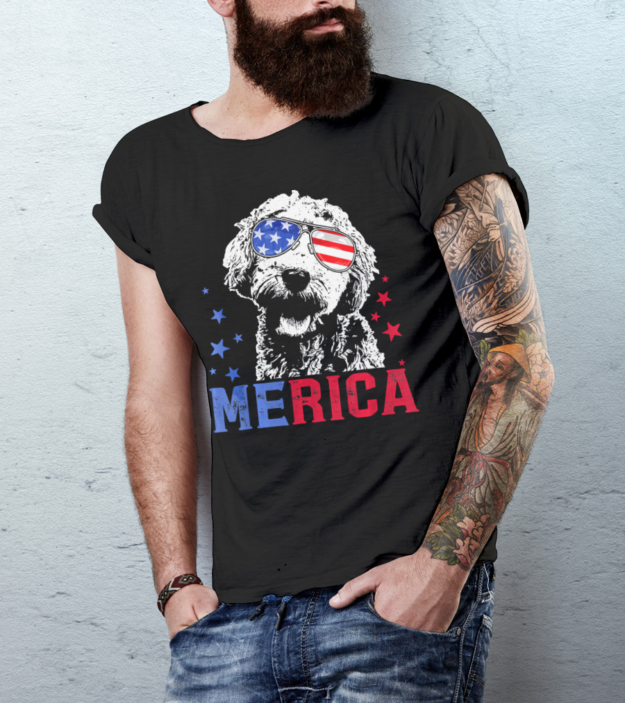 Merica Goldendoodle USA Flag Sunglasses Patriotic Stars T-Shirt