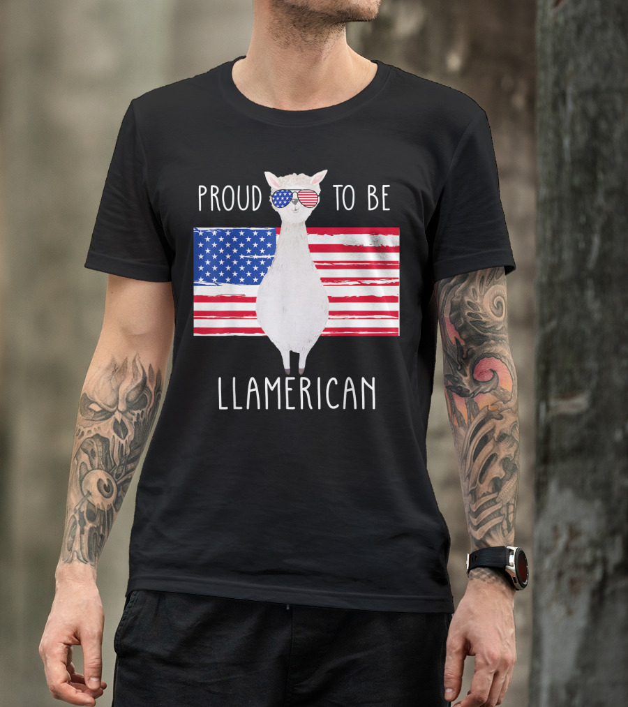 Proud To Be Llamerican Funny Llama With American Flag Sunglasses T-Shirt