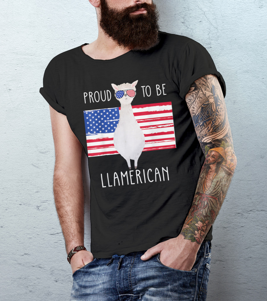 Proud To Be Llamerican Funny Llama With American Flag Sunglasses T-Shirt