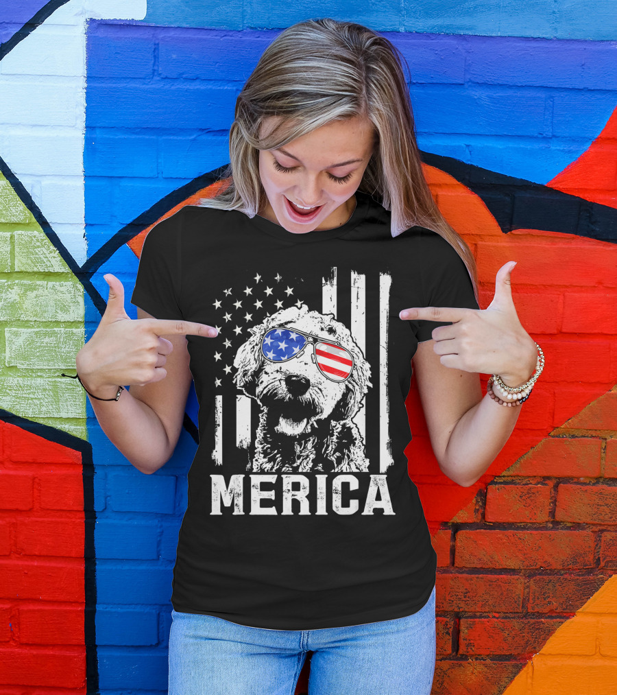 Merica Goldendoodle With American Flag Sunglasses And Stripes T-Shirt