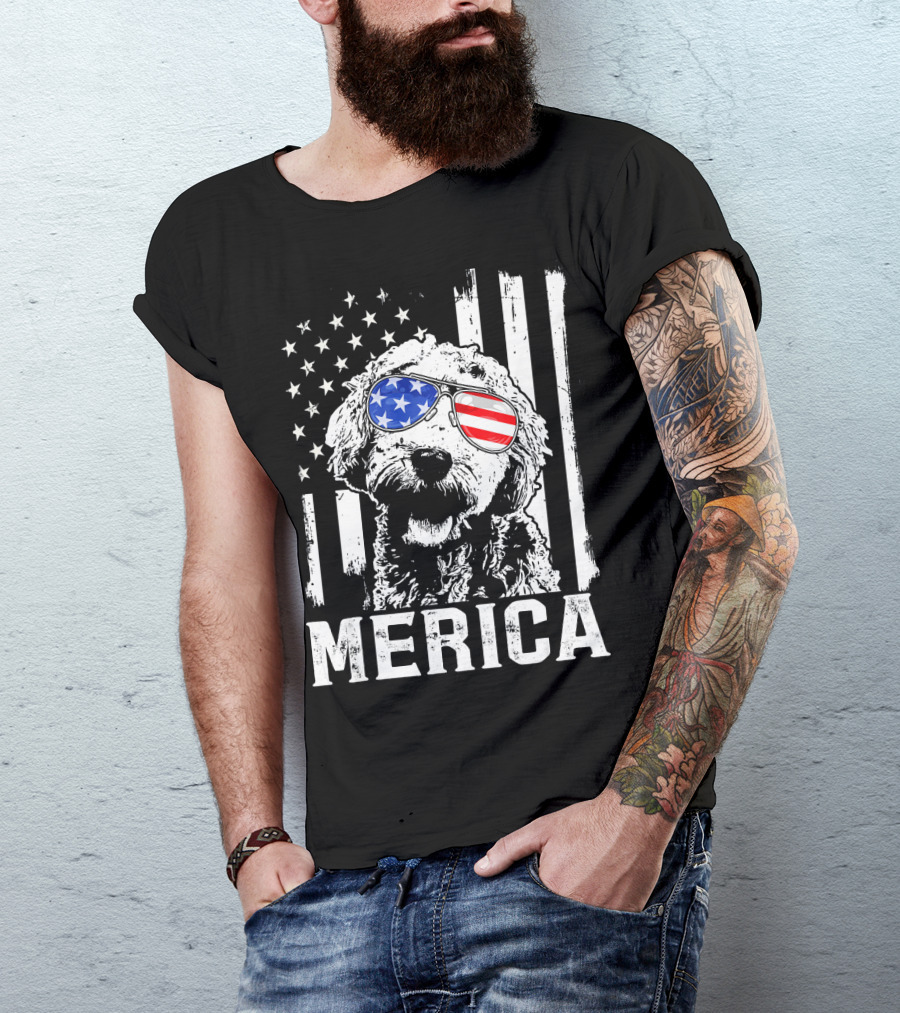 Merica Goldendoodle With American Flag Sunglasses And Stripes T-Shirt