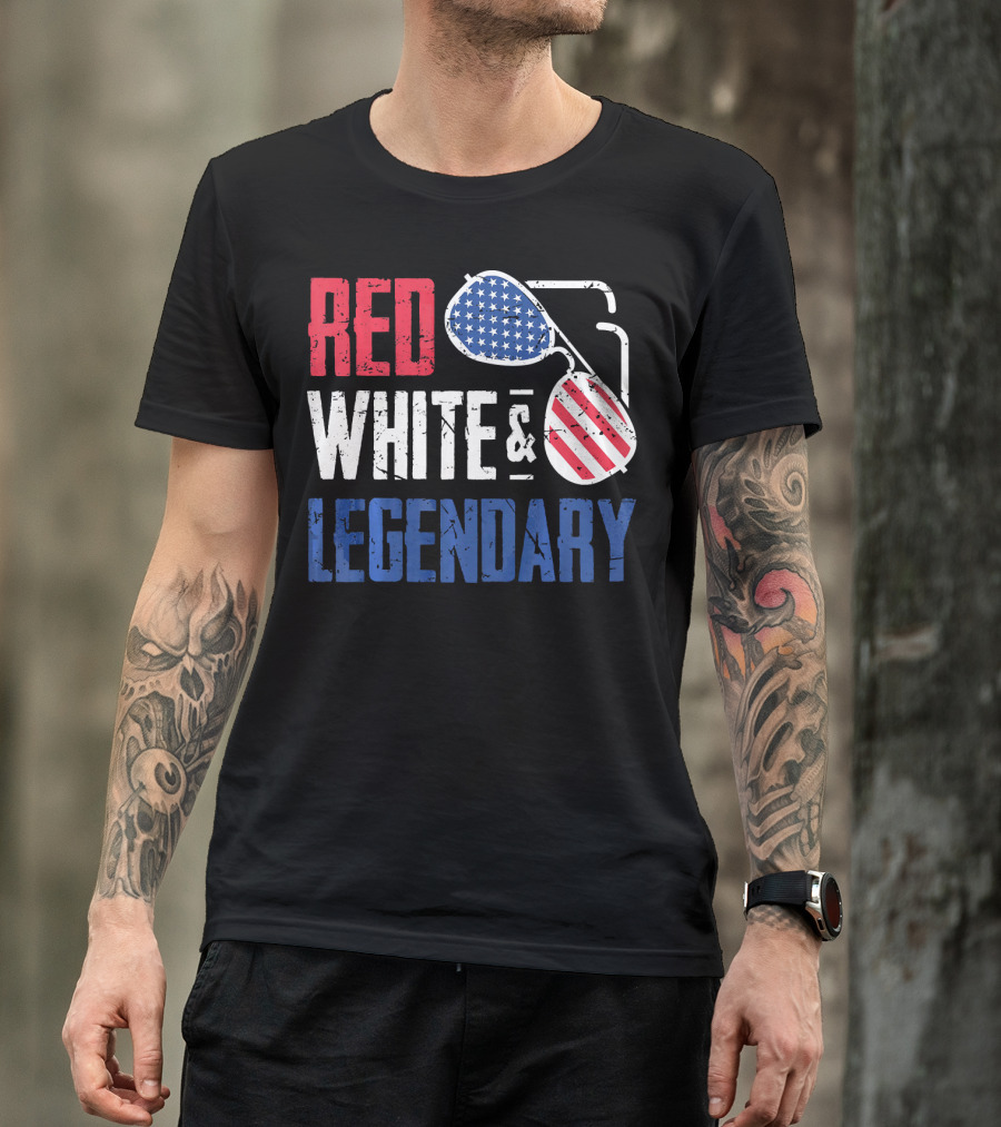 Red White And Legendary American Sunglasses USA Flag T-Shirt