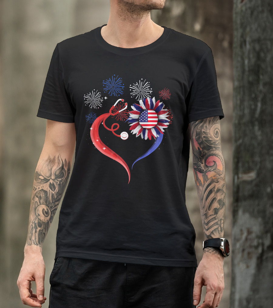 Heart Shaped Red Stethoscope Sunflower With USA Flag And Fireworks T-Shirt