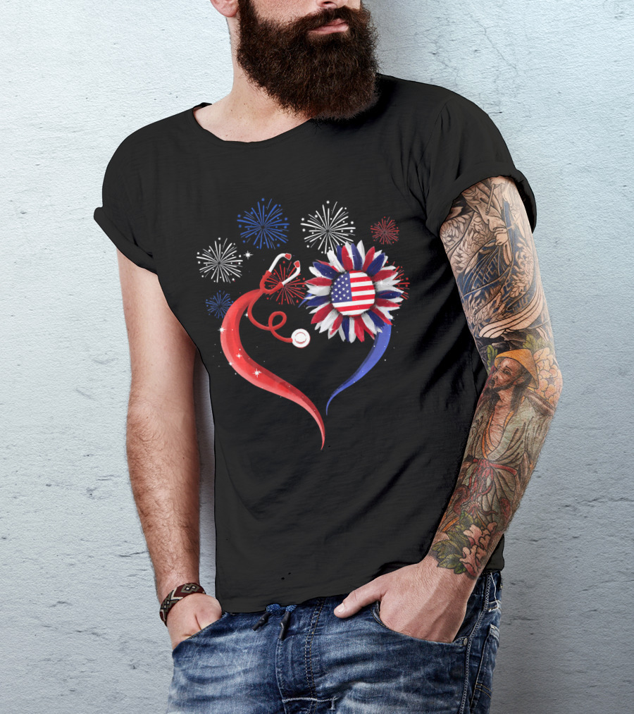 Heart Shaped Red Stethoscope Sunflower With USA Flag And Fireworks T-Shirt