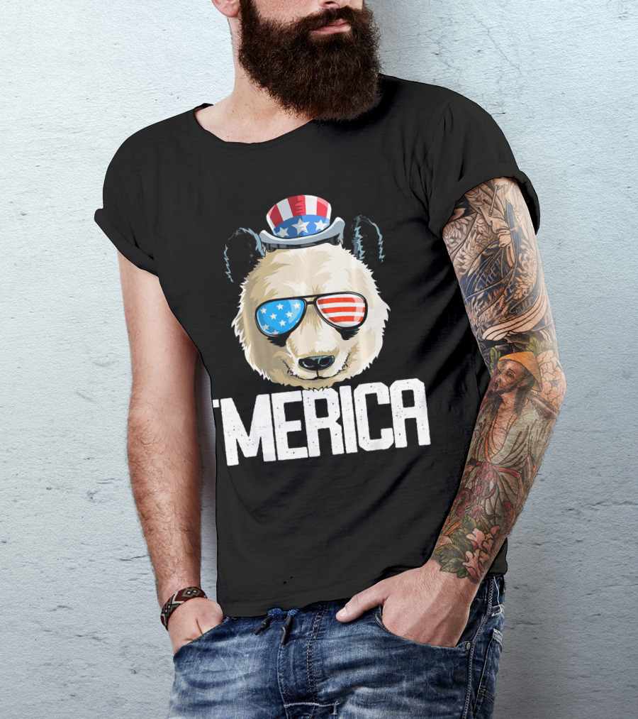 'Merica Panda With Patriotic Sunglasses And Uncle Sam Hat T-Shirt