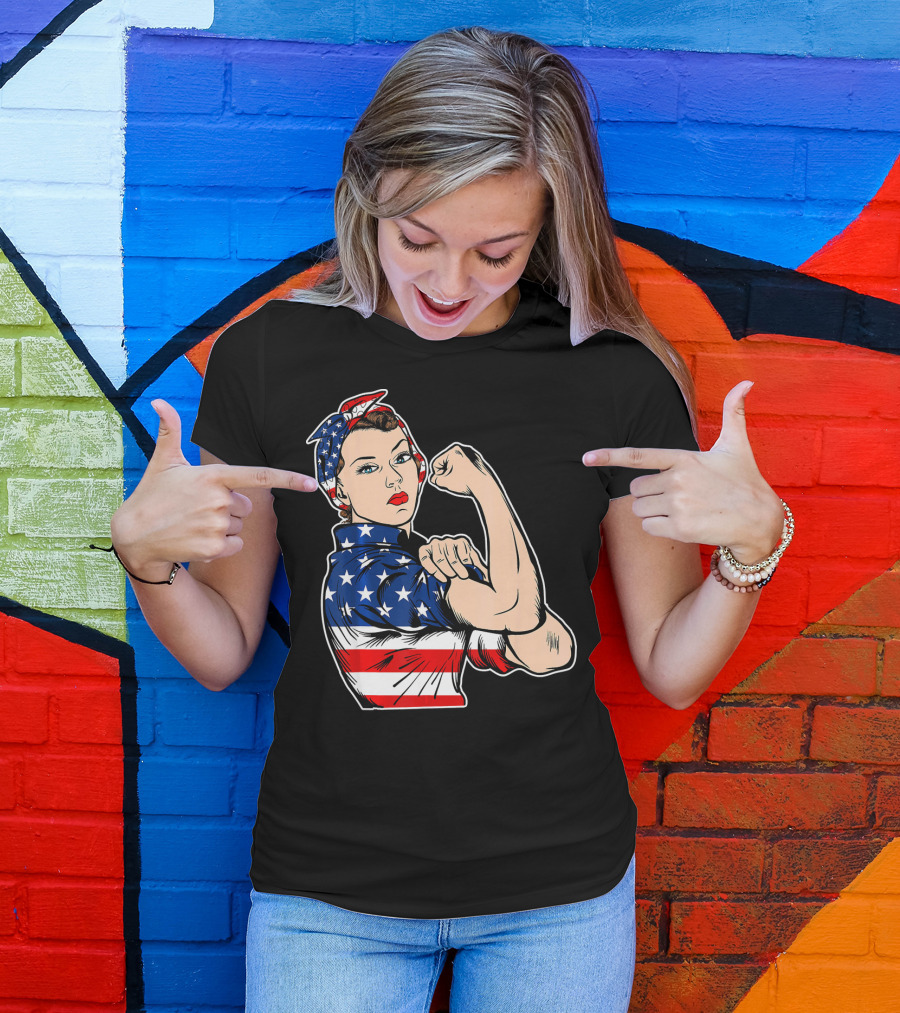 USA Flag Rosie The Riveter Bandana Feminist T-Shirt