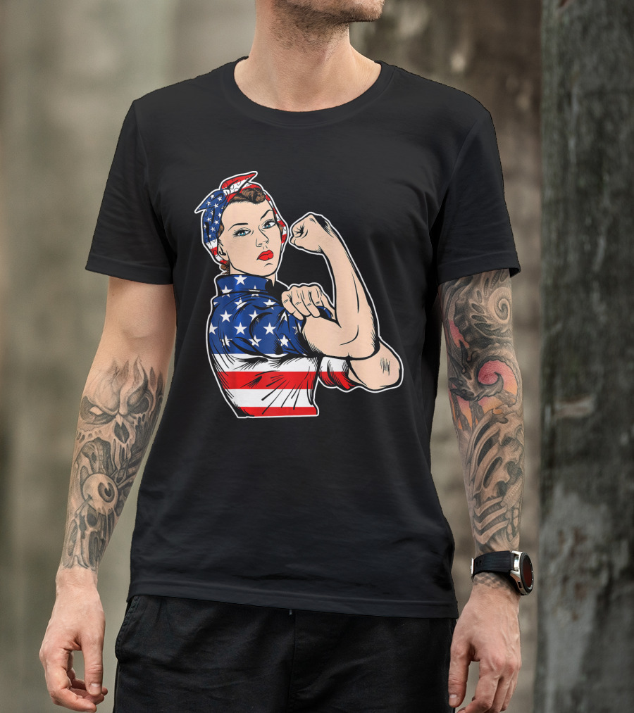 USA Flag Rosie The Riveter Bandana Feminist T-Shirt