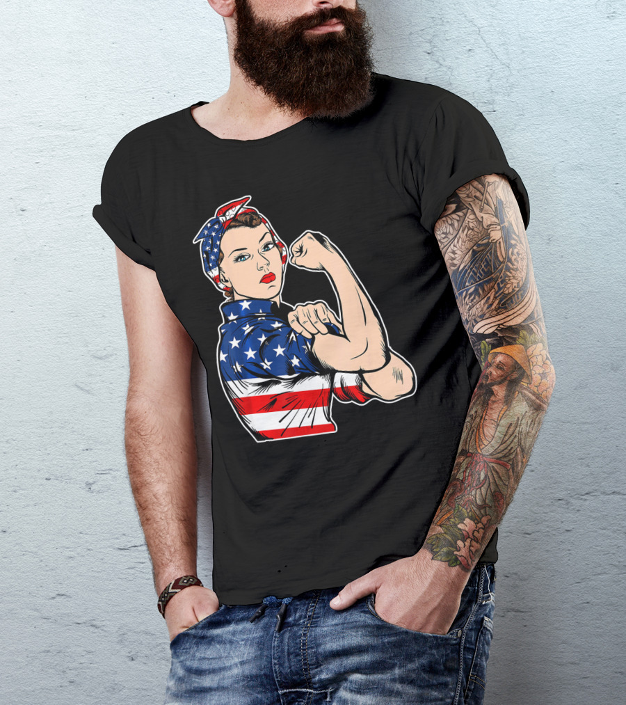 USA Flag Rosie The Riveter Bandana Feminist T-Shirt