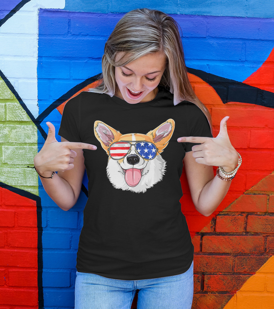 Patriotic Corgi With American Flag Sunglasses T-Shirt
