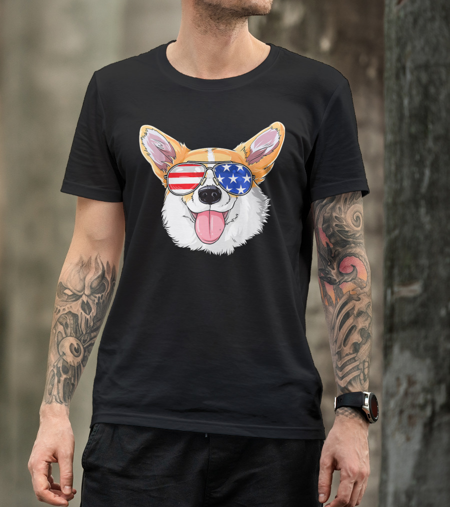 Patriotic Corgi With American Flag Sunglasses T-Shirt