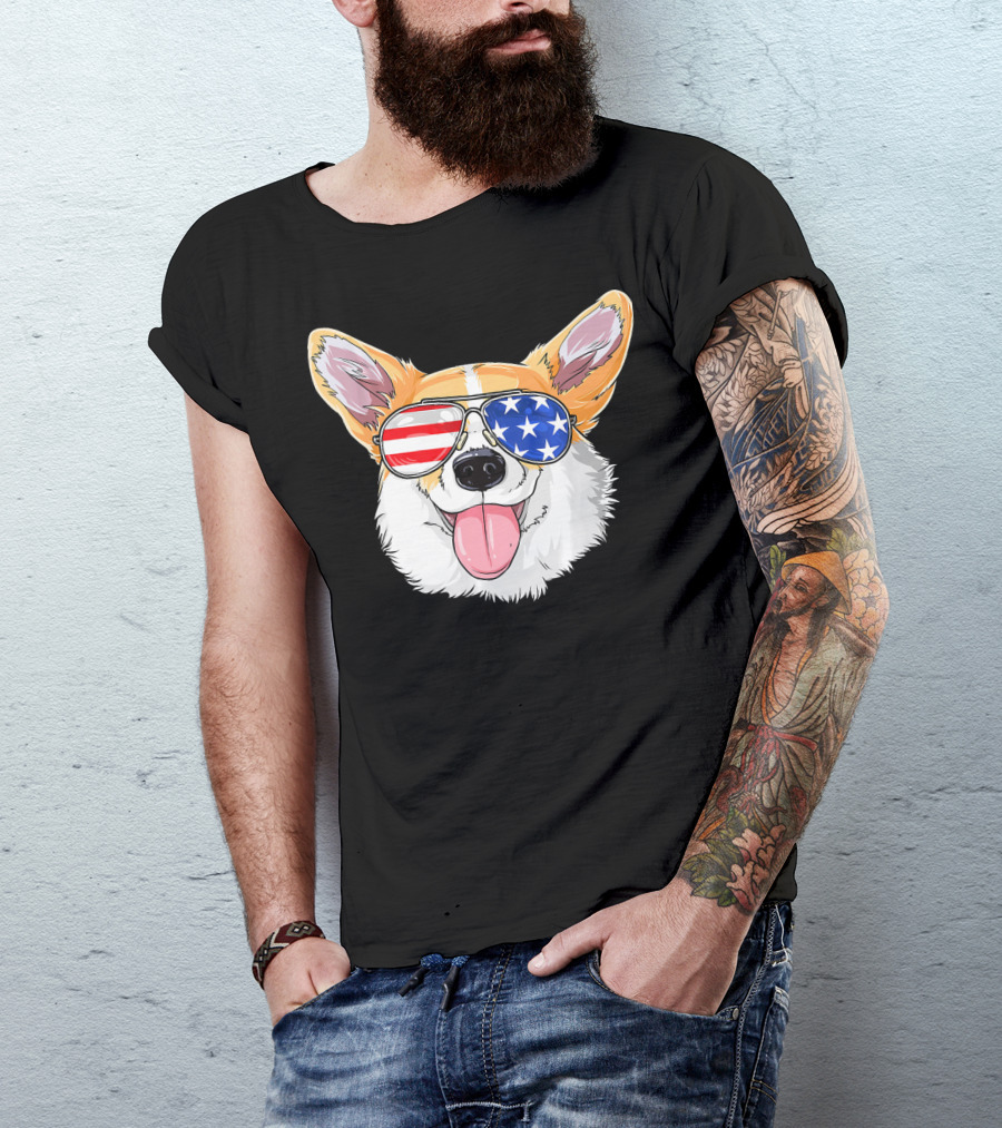 Patriotic Corgi With American Flag Sunglasses T-Shirt