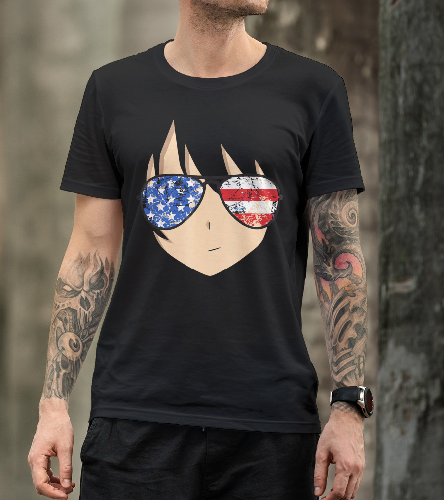 American Anime Face With Stars And Stripes USA Sunglasses T-Shirt