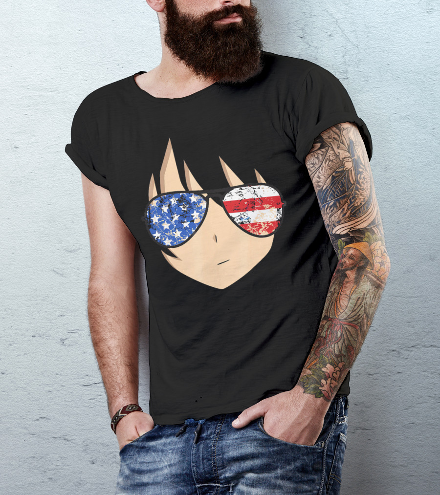 American Anime Face With Stars And Stripes USA Sunglasses T-Shirt