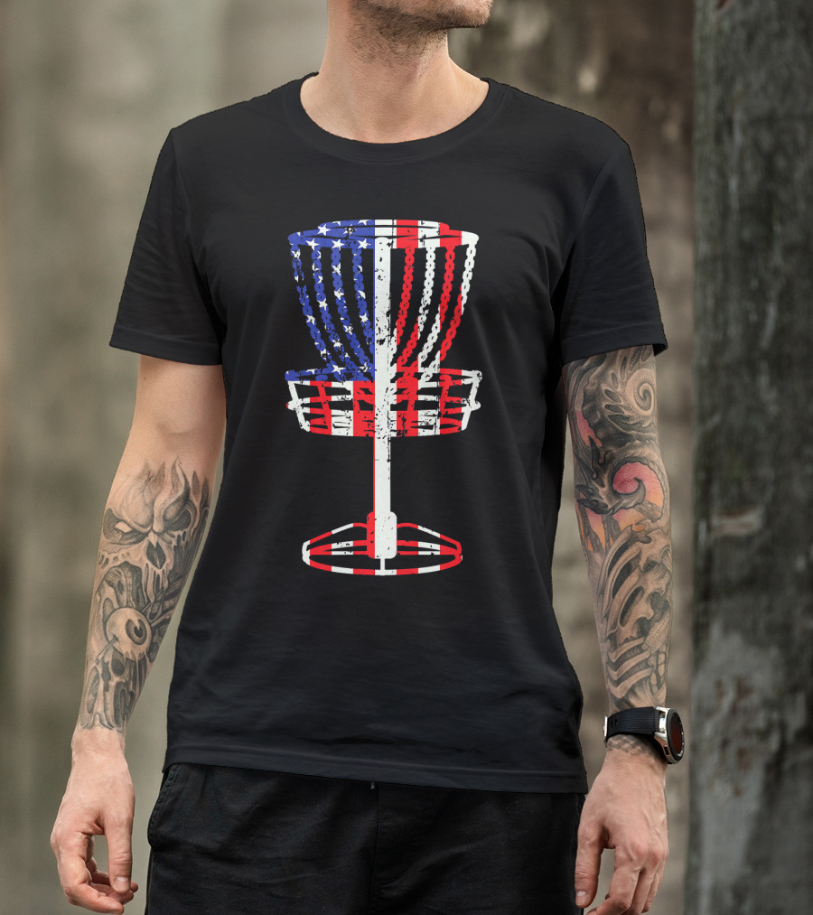 Patriotic USA Disc Golf Basket American Flag Frisbee Golfing T-Shirt