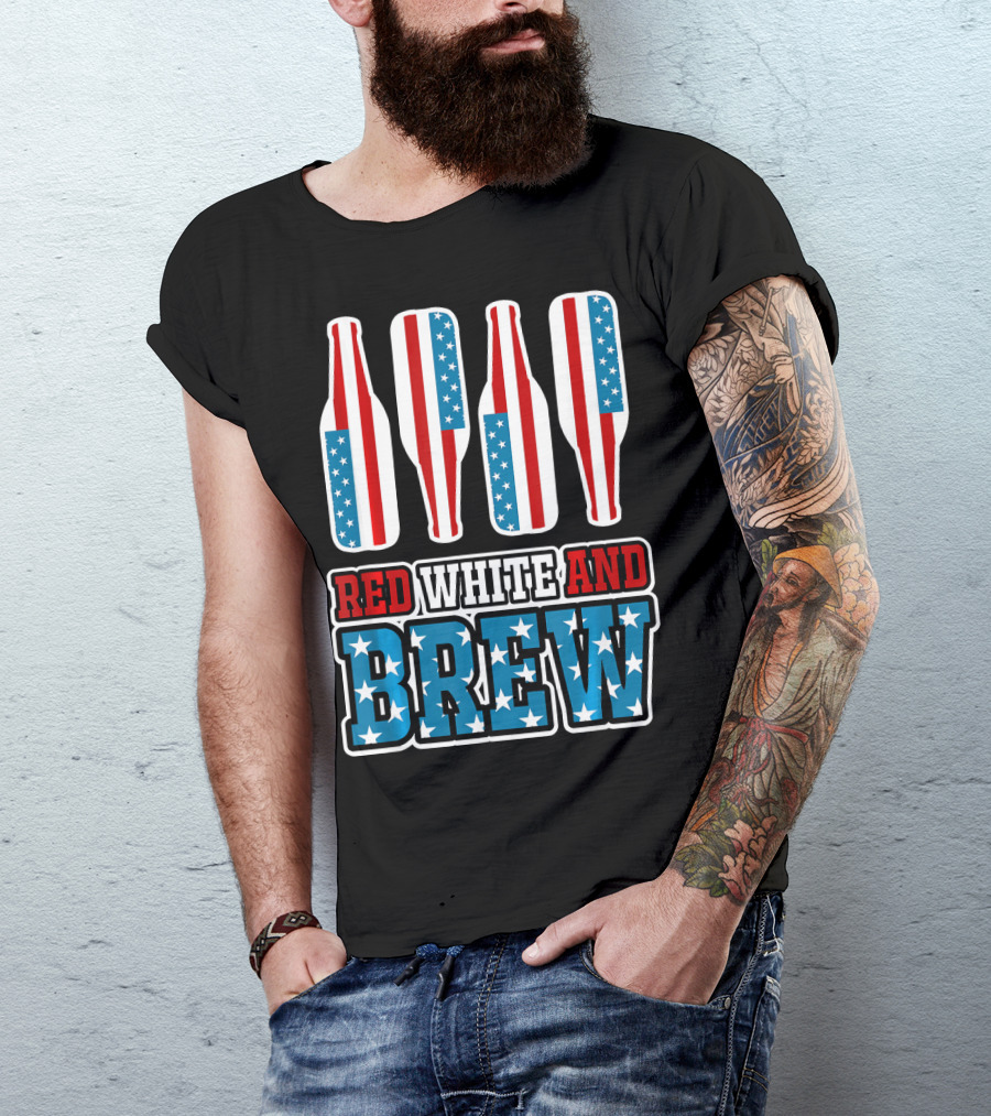 Red White And Brew American Flag Beer Bottles T-Shirt