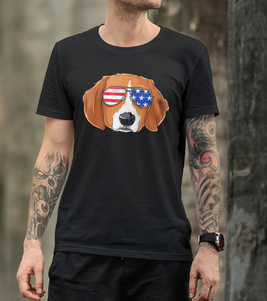 Beagle Wearing American Flag Sunglasses With Patriotic T-Shirt