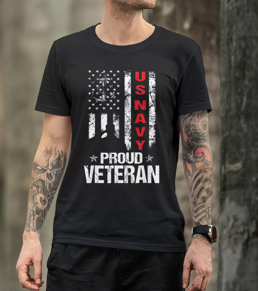 US Navy Proud Veteran Patriotic American Flag Anchor Stars T-Shirt