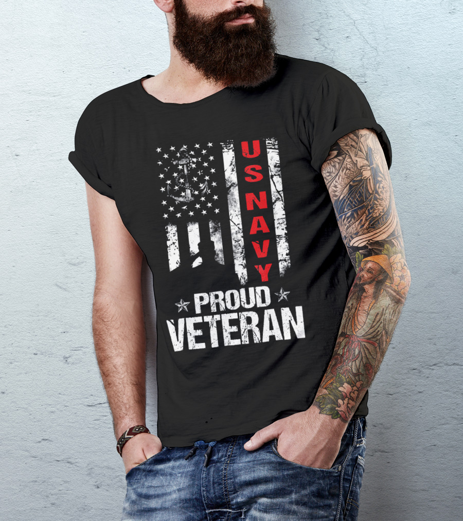 US Navy Proud Veteran Patriotic American Flag Anchor Stars T-Shirt