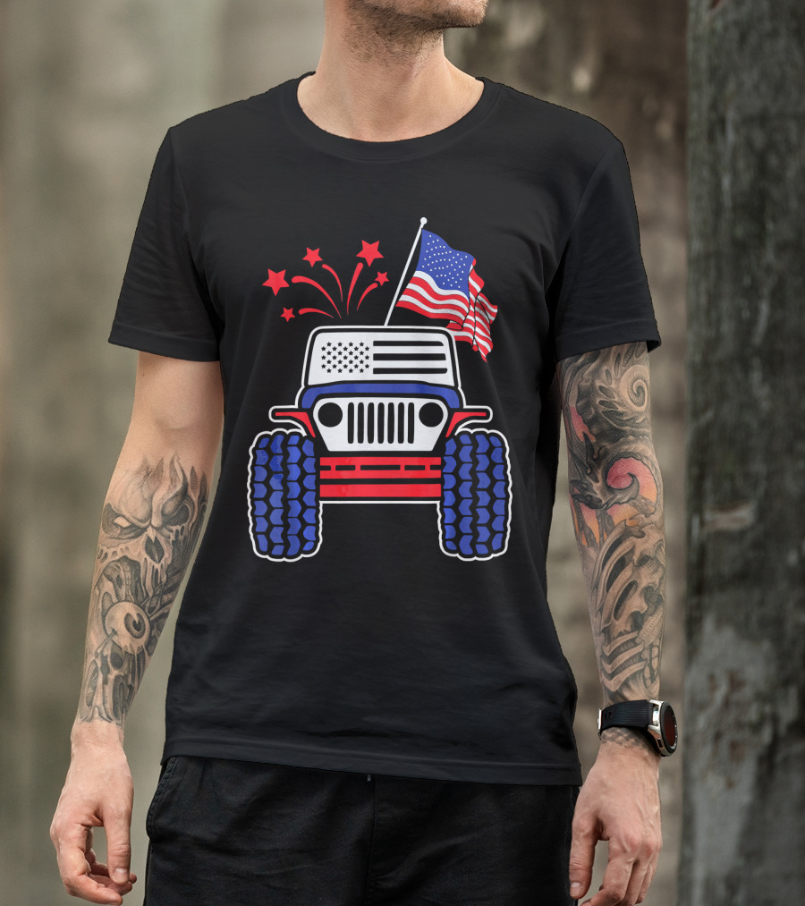 Jeep With Stars And Stripes American Flag Fireworks T-Shirt