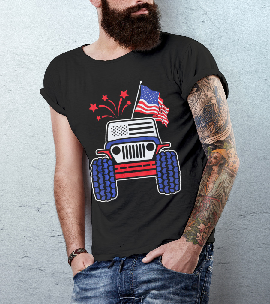 Jeep With Stars And Stripes American Flag Fireworks T-Shirt