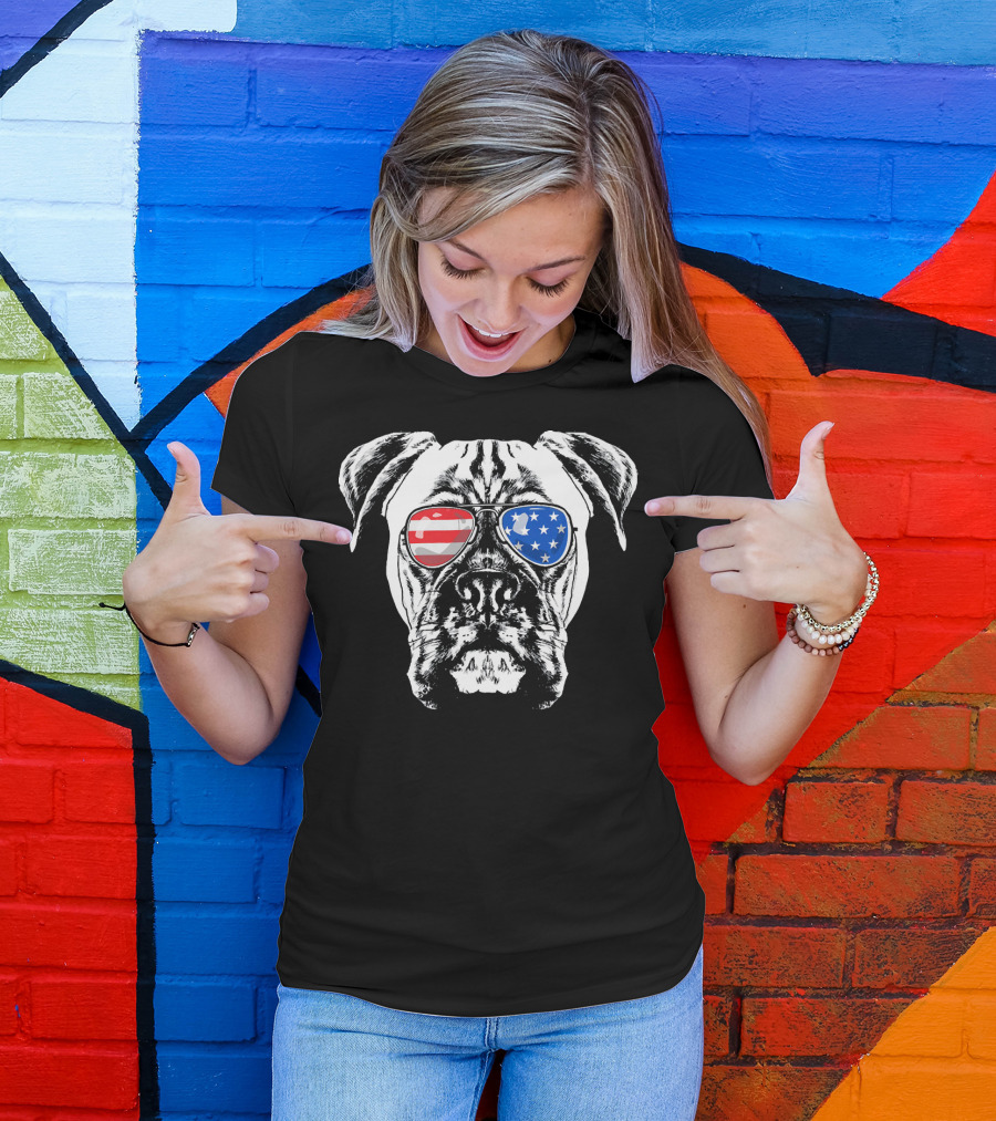 Boxer Dog American Flag Sunglasses Patriotic T-Shirt