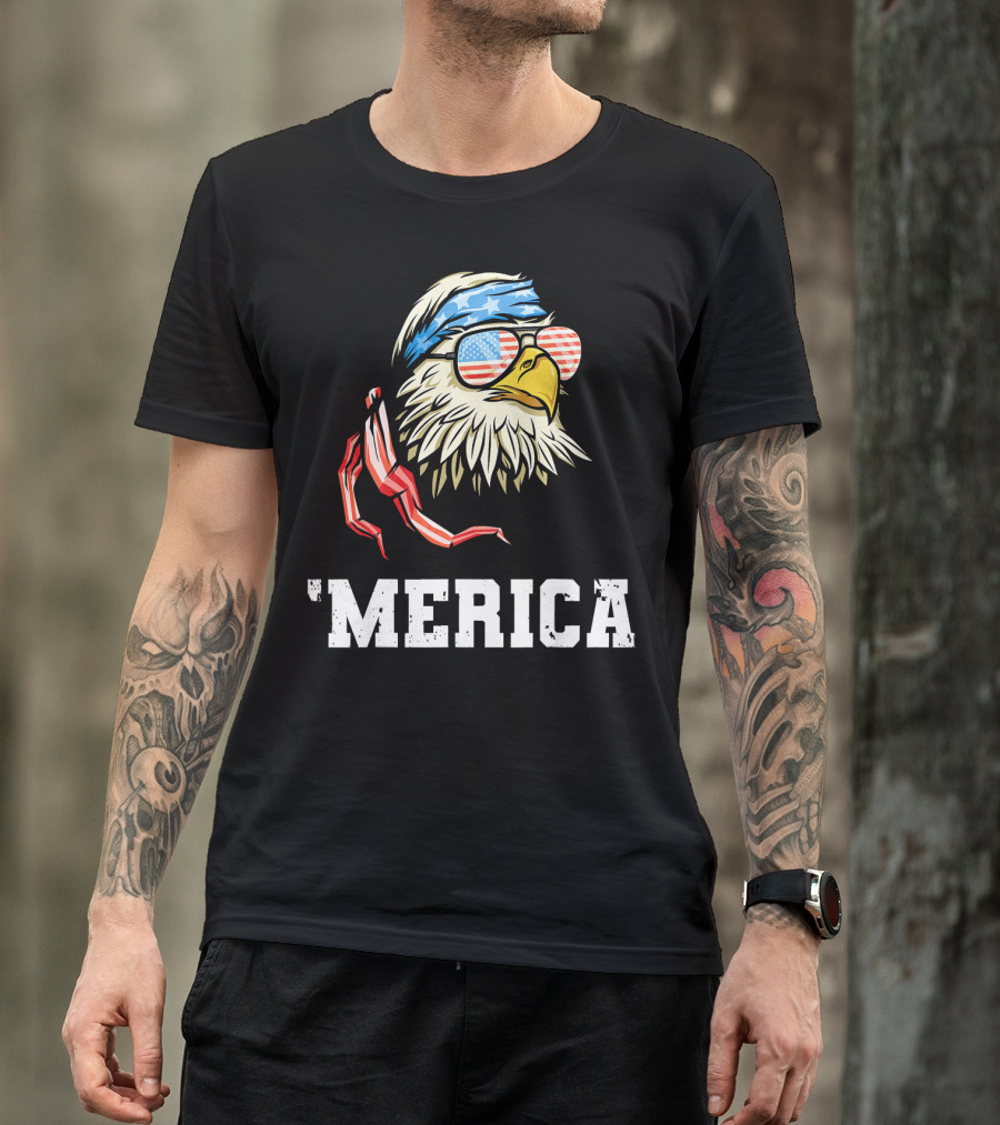 'Merica Patriotic Eagle American Flag Bandana And Sunglasses T-Shirt
