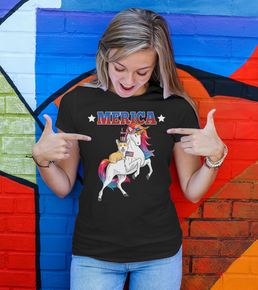 MERICA Corgi Dog Riding Unicorn With American Flag USA T-Shirt
