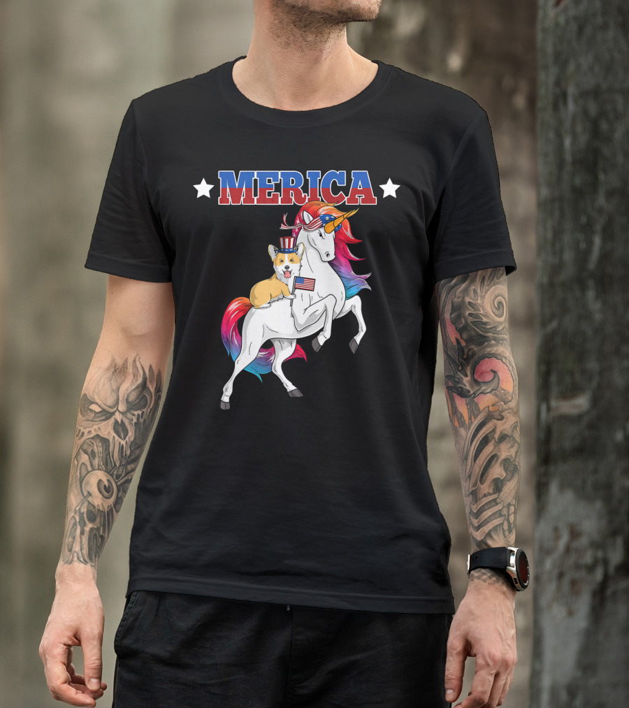 MERICA Corgi Dog Riding Unicorn With American Flag USA T-Shirt