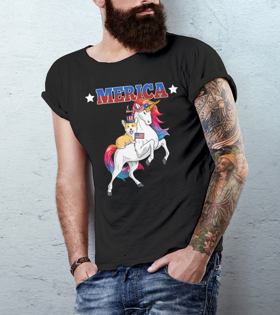 MERICA Corgi Dog Riding Unicorn With American Flag USA T-Shirt
