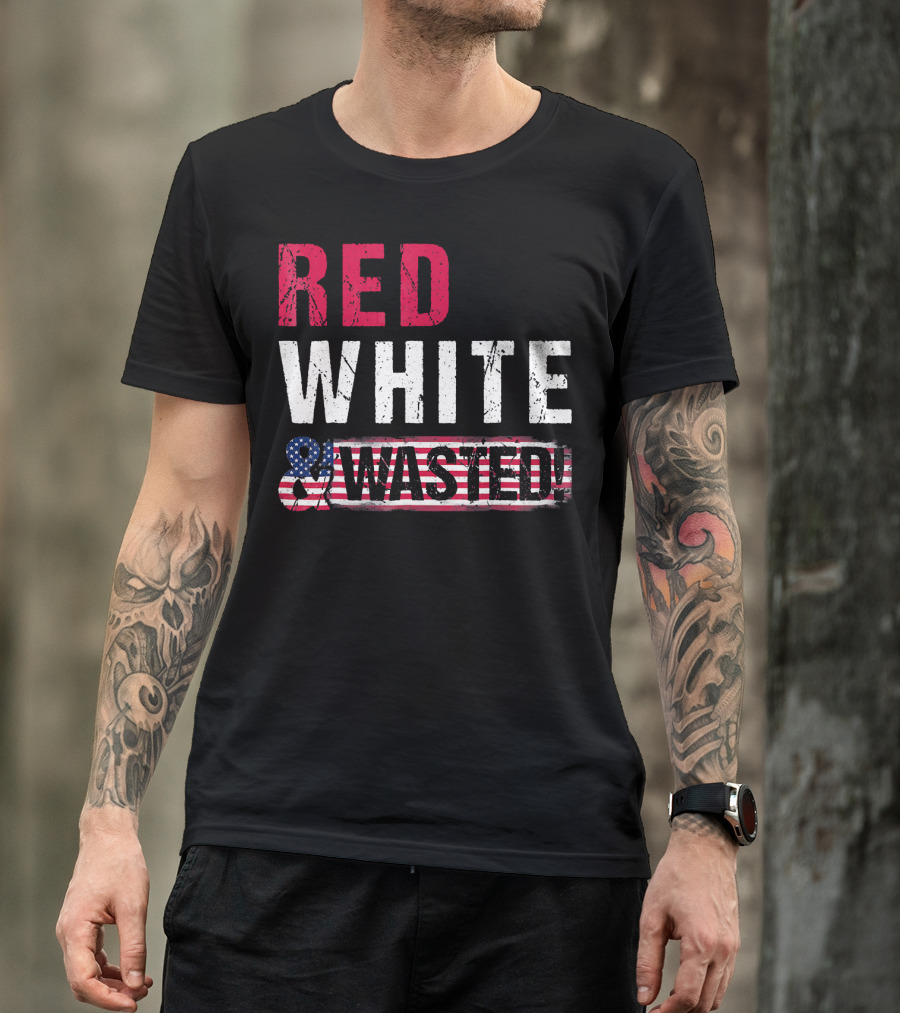 Red White And Wasted American Flag Skull T-Shirt