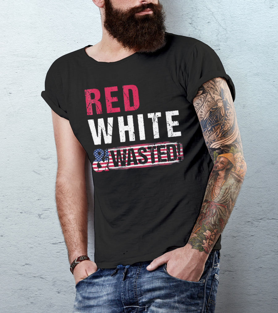 Red White And Wasted American Flag Skull T-Shirt