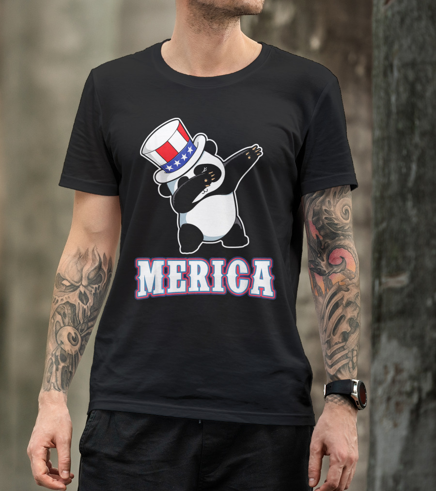 Merica Dabbing Panda In American Flag Top Hat T-Shirt