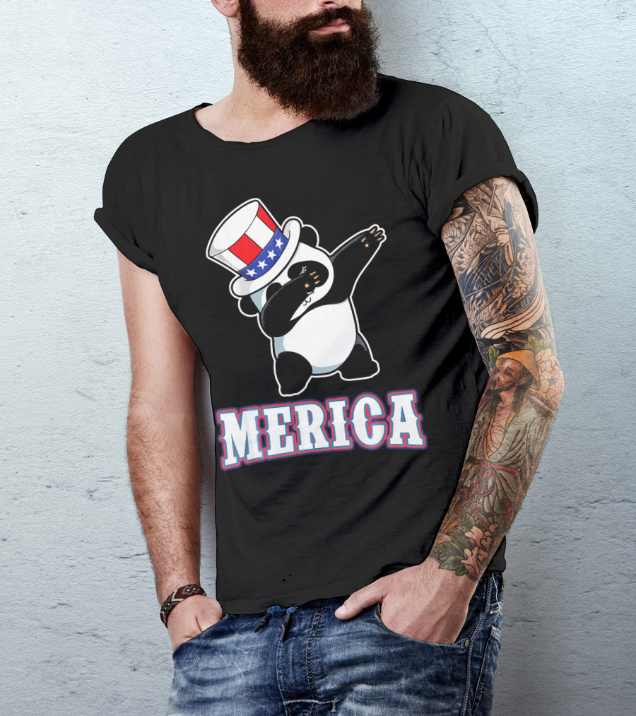 Merica Dabbing Panda In American Flag Top Hat T-Shirt