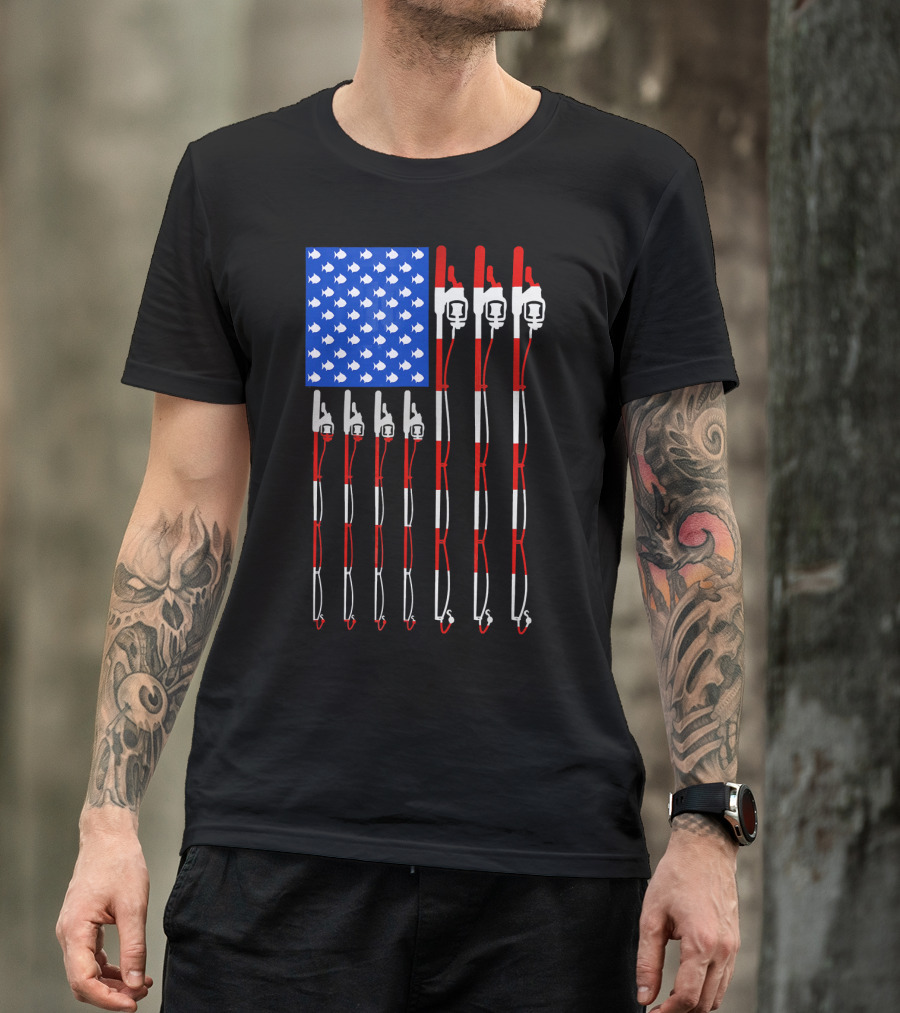 Patriotic Fishing Rod Flag Design American USA T-Shirt
