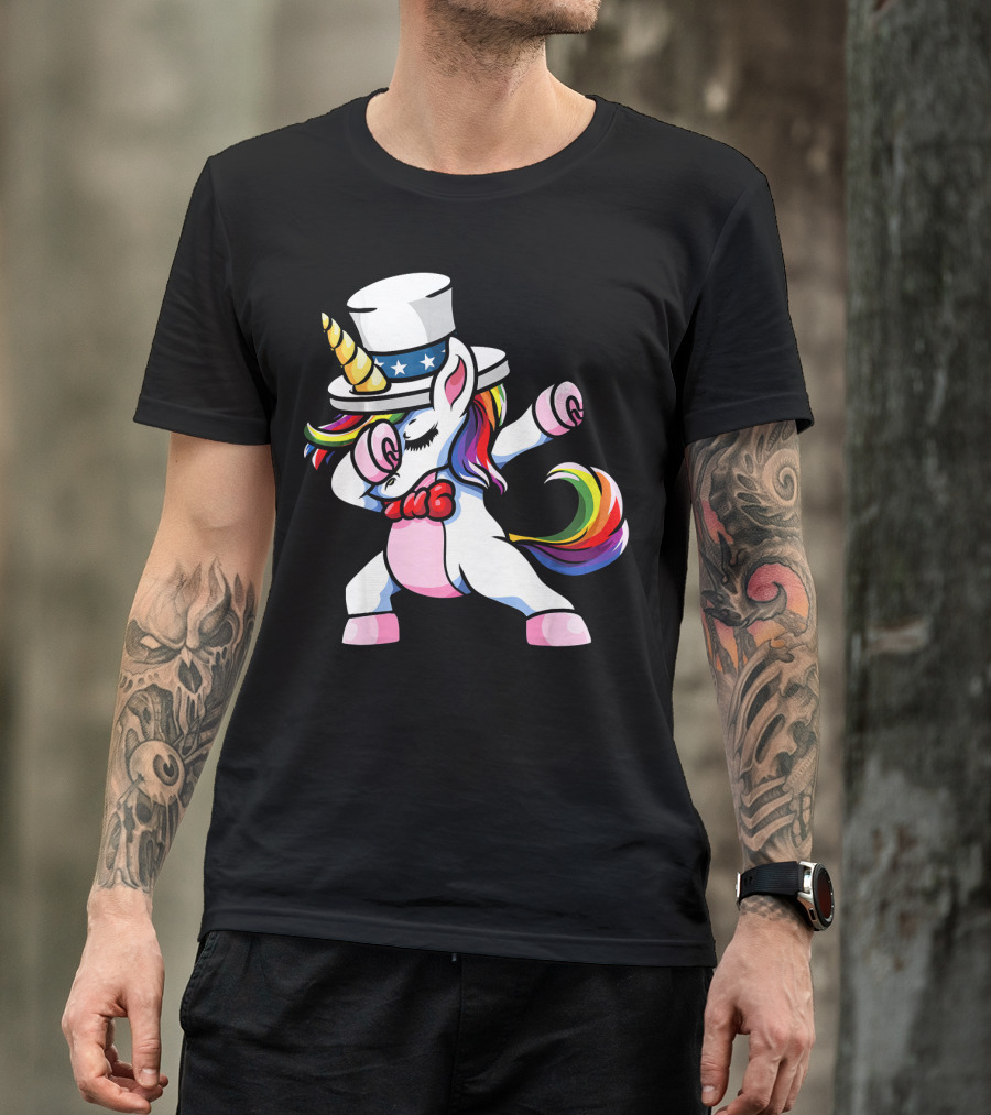 Girls Dabbing Unicorn With Patriotic American Hat T-Shirt