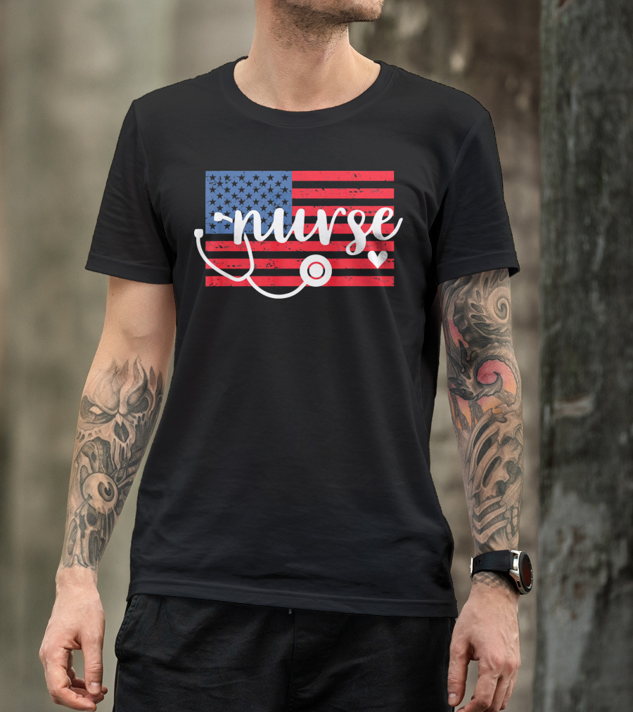 Nurse American Flag With Stethoscope And Heart T-Shirt