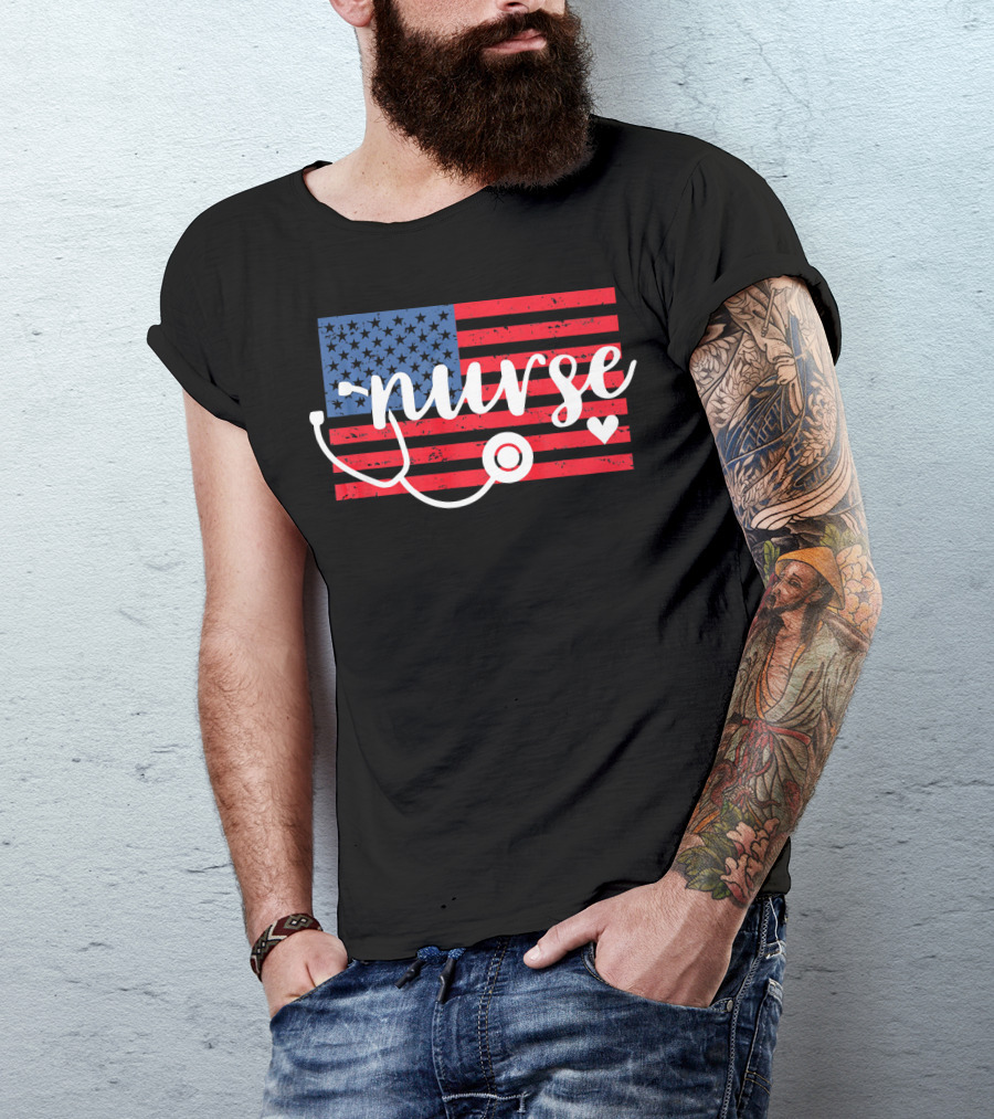 Nurse American Flag With Stethoscope And Heart T-Shirt