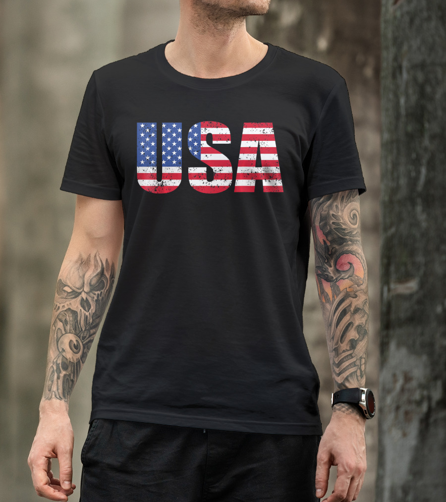 USA Flag American Patriotic Stars And Stripes Bold Lettering T-Shirt