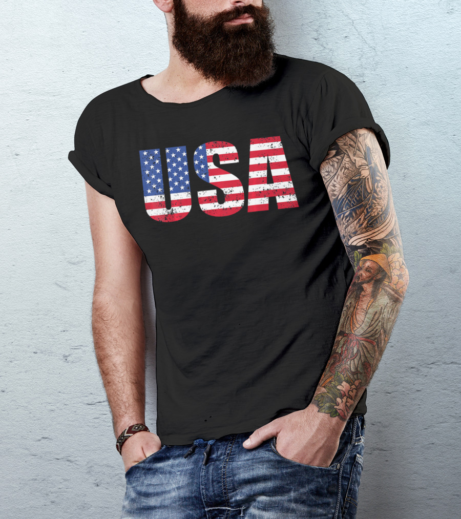 USA Flag American Patriotic Stars And Stripes Bold Lettering T-Shirt