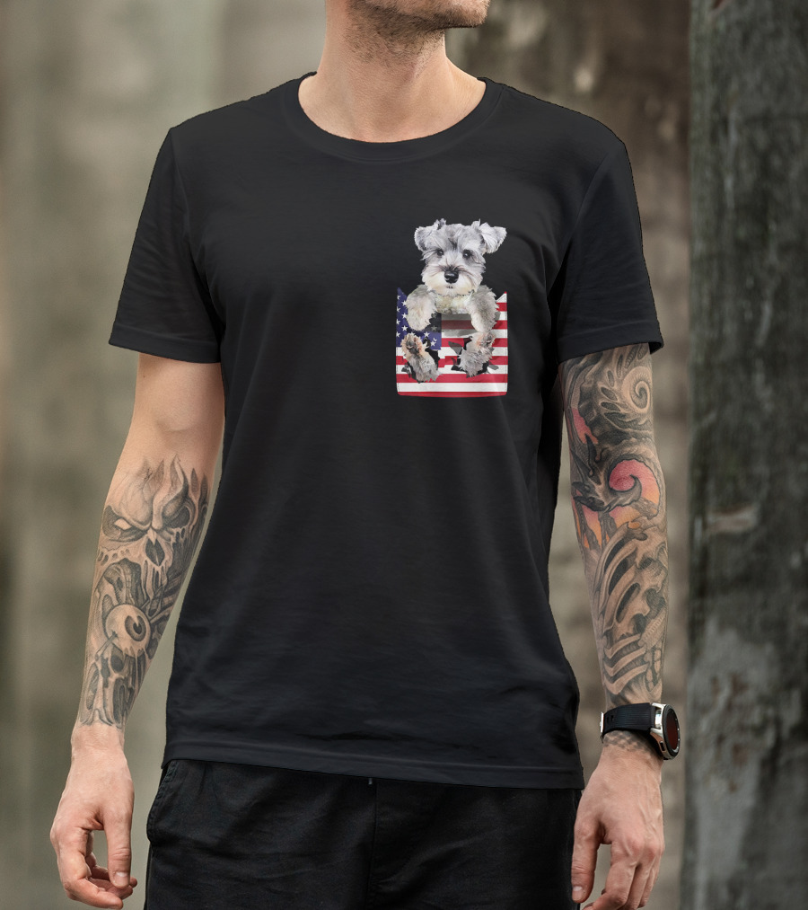 Schnauzer Dog In Pocket With American Flag T-Shirt