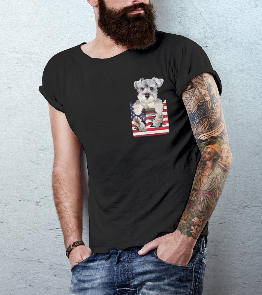 Schnauzer Dog In Pocket With American Flag T-Shirt