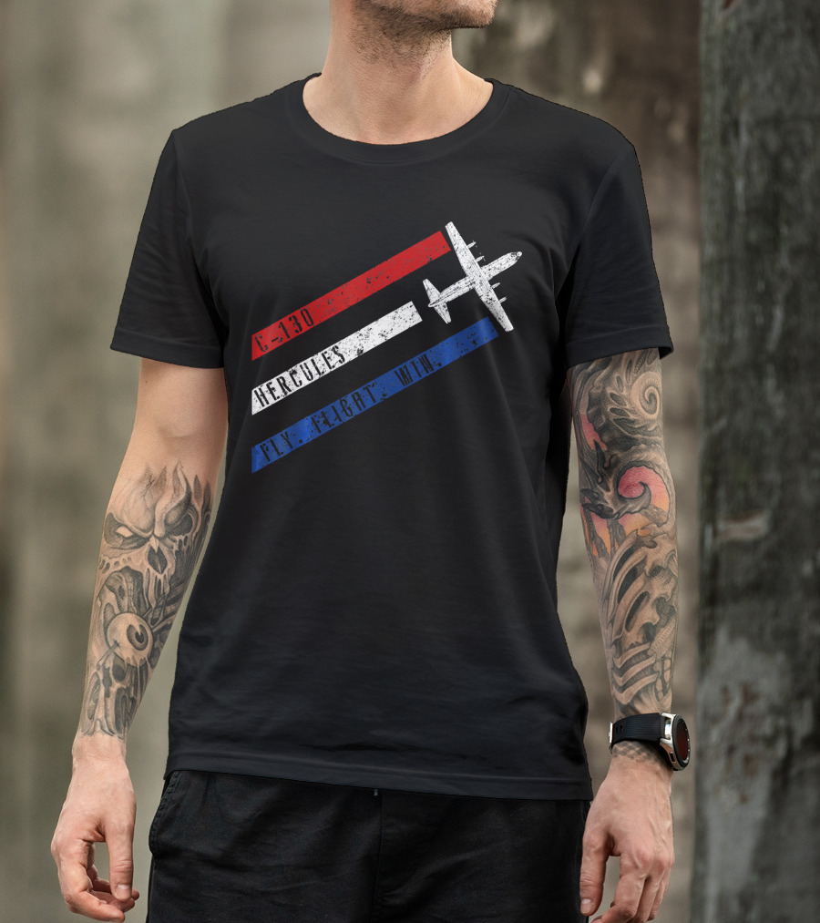 C 130 Hercules Fly Fight Win Red White Blue Stripes Airplane T-Shirt